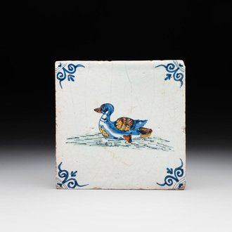 A polychrome Dutch Delft 'duck' tile, 17th C.
