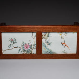 A Chinese hardwood low table with two famille rose plaques, Republic