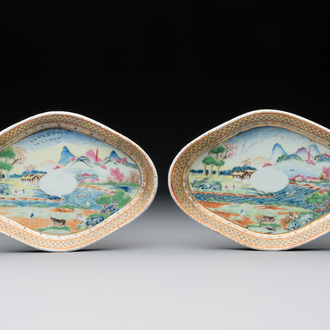 A pair of Chinese Canton famille rose gilt-decorated quadrifoil 'landscape' dishes, Jiaqing