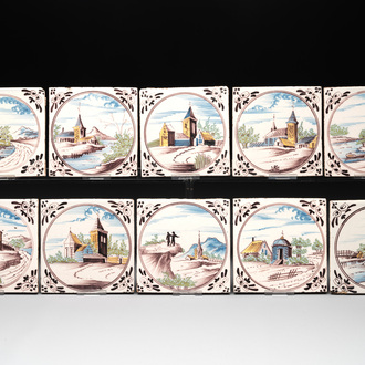 Ten polychrome Dutch Delft 'medallion' 'landscape' tiles, 19th C.