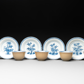 Five Chinese café-au-lait-ground blue and white cups and four saucers, conical shell mark, Kangxi