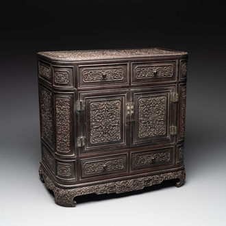 A Chinese zitan wood 'duo bao ge' cabinet of curiosities with carved floral design, 19th C.