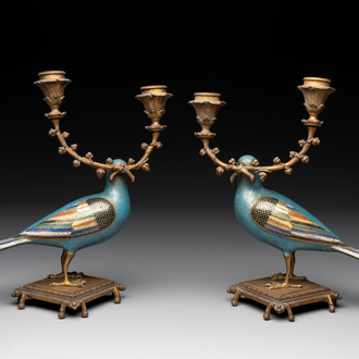 A pair of Chinese cloisonné pigeons mounted as candelabras, 19th C.