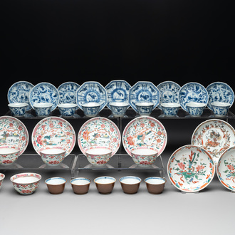 A collection of 36 pieces Chinese blue, white and famille rose cups and saucers, Yongzheng/Qianlong