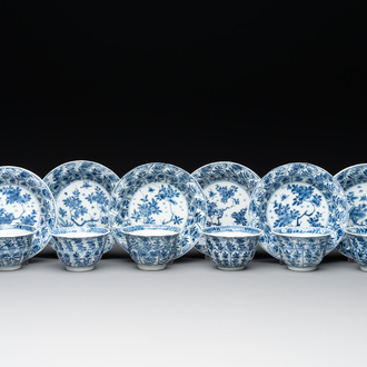 Six Chinese blue and white cups and saucers with floral design, Kangxi