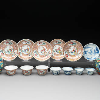 Seven Chinese blue, white and famille rose cups, six saucers and two English-decorated jarlets, Kangxi/Yongzheng