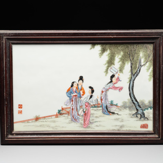 A Chinese famille rose plaque with ladies in a garden, Wang Xiaotang 汪曉棠 mark, 20th C.