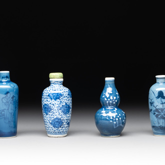 Three Chinese powder blue-ground blue and white snuff bottles and one blue and white snuff bottle, 19th C.