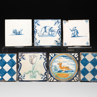 Seven blue, white and polychrome Dutch Delft tiles, 17th C.
