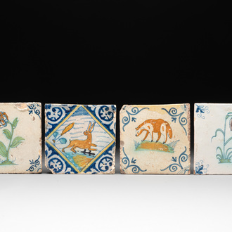 Four polychrome Dutch Delft tiles, 17th C.
