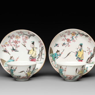 A pair of Chinese famille rose 'beloved by the river' cups and saucers, Yongzheng