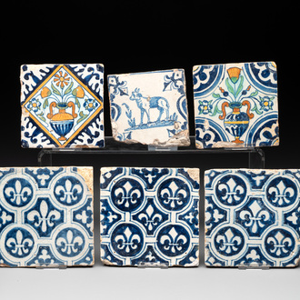 Six blue, white and polychrome Dutch Delft tiles, 17th C.