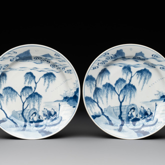 A pair of Chinese blue and white plates with a breastfeeding woman and fishermen on boats, Chenghua mark, Kangxi