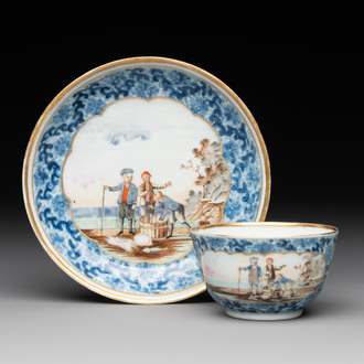 A Chinese export famille rose cup and saucer with a herring merchant, Qianlong