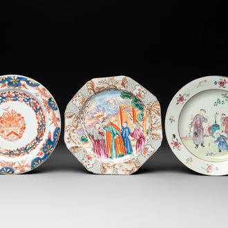 Two Chinese famille rose plates and an Imari-style armorial plate, Kangxi/Yongzheng