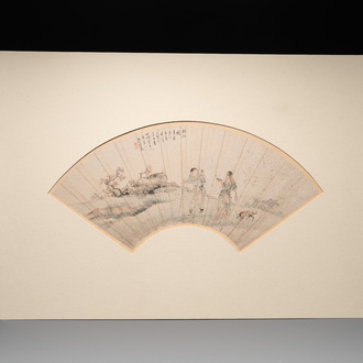 A Chinese fan with folk tale, ink and colour on paper, signed Yuan Qichao 袁啟潮, 19th C.