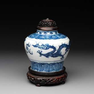 A Chinese blue and white 'dragon' vase with wooden cover and stand, Wanli mark, Republic