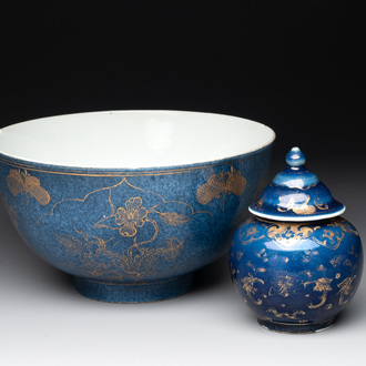 A Chinese gilt-decorated powder-blue bowl and a covered jarlet, Kangxi/Qianlong