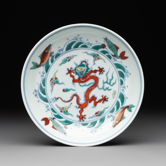 A Chinese doucai 'dragon and carps' plate, Chenghua mark, Yongzheng