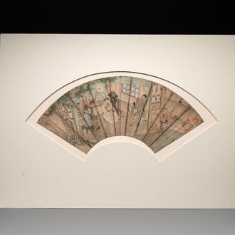A Chinese fan with folk tale, ink and colour on paper, 19th C.