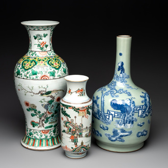 Two Chinese famille verte vases and a blue and white celadon-ground vase, 19th C.