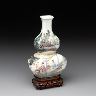 A compressed Chinese famille rose 'silk production' double-gourd vase, Republic