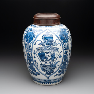 A Chinese blue and white jar and wooden cover, Kangxi