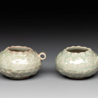 A pair of Chinese Longquan celadon bird feeders, Song
