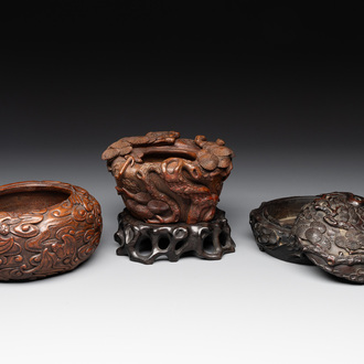 Two Chinese carved bamboo water pots and a hongmu covered box, 19th C.