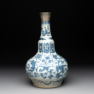 A Chinese blue and white pear-shaped vase with an Islamic market metal mount, Ming