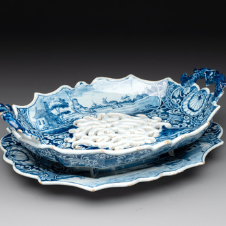A blue and white Dutch Delft strainer on stand with fine landscapes, 18th C.