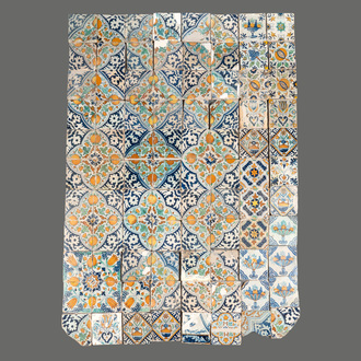 88 polychrome Dutch Delft tiles with floral and ornamental design, 17th C.