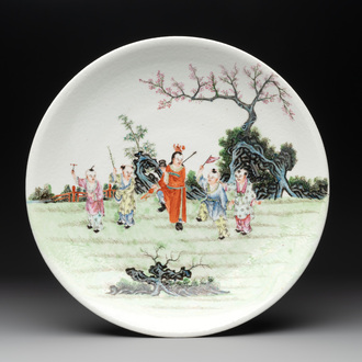 A Chinese famille rose dish with playing boys, Qianlong mark, Republic
