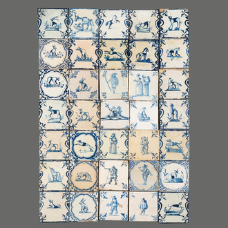 35 blue and white Dutch Delft tiles with figures and animals, 17/18th C.