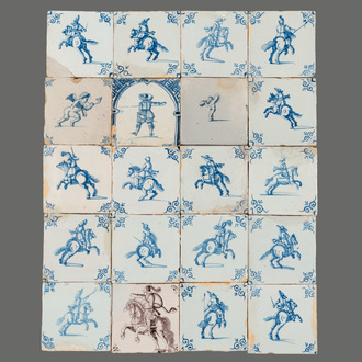 20 manganese, blue and white Dutch Delft tiles with horse riders and putti, 17th C.