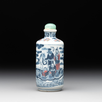 A Chinese blue, white and copper-red 'Journey to the West' snuff bottle, Yongzheng mark, 19th C.