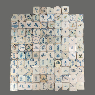 105 polychrome, blue and white Dutch Delft tiles with figures, flowers and animals, 17/18th C.