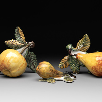 Polychrome Dutch Delft hanging models of an apple and two pears, 18th C.