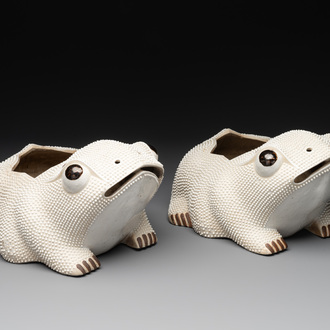 A pair of large Chinese white-glazed biscuit toad-form jardinières, 18th C.