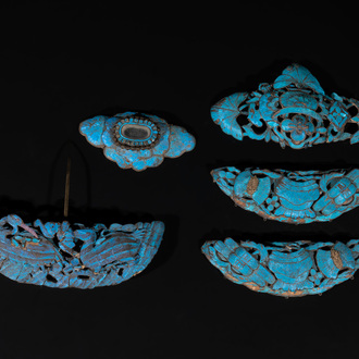 Five Chinese kingfisher feather hairpins, 19th C.