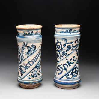 Two Spanish blue and white albarelli, 17th C.