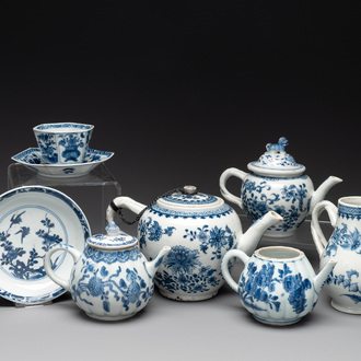 Four Chinese blue and white teapots, a milk jug, a cup and two saucers, Kangxi/Qianlong