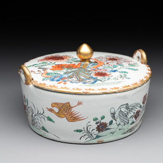 A polychrome Dutch Delft petit feu 'chinoiserie' butter tub and cover, 18th C.