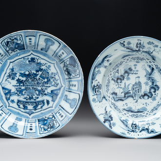 Two blue and white Dutch Delft 'chinoiserie' dishes, 17th C.