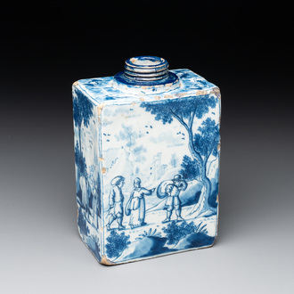 A blue and white Dutch Delft tea caddy with narrative design, early 18th C.