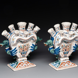 A pair of polychrome Dutch Delft cashmere palette tulip vases, 19th C.