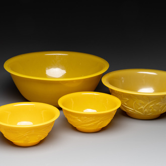 Four Chinese yellow Beijing glass bowls, China mark, Republic