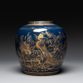 A Chinese gilt-decorated powder-blue 'phoenix' jar with a later silver cover, Qianlong