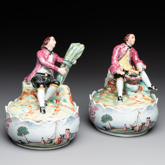 A pair of polychrome Dutch Delft petit feu butter tubs with allegorical depictions of the seasons, 18th C.