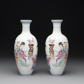 A pair of Chinese famille rose semi-eggshell 'ladies and boys' vases, Hongxian mark, 20th C.